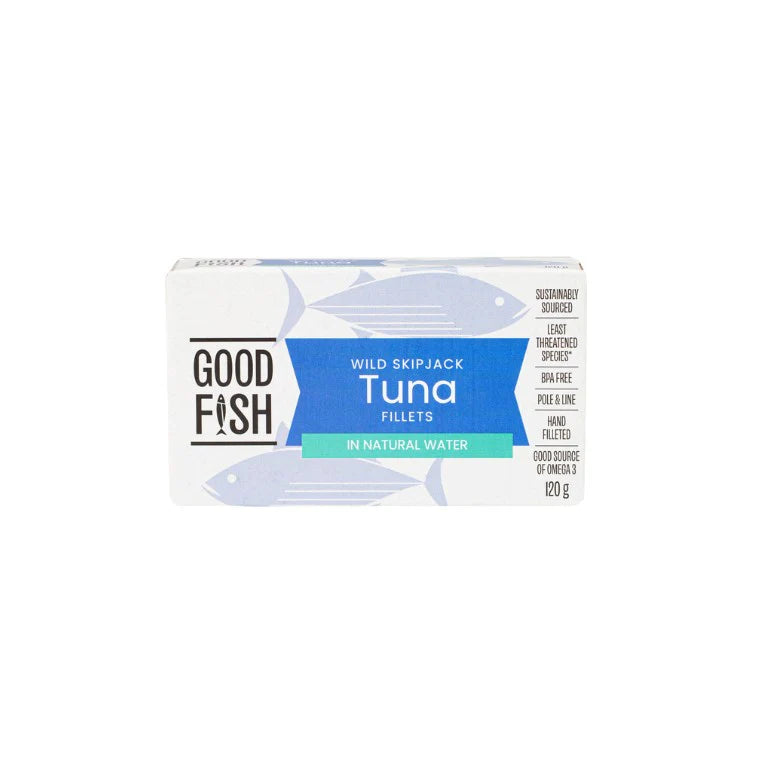 Olive Green Organics Good Fish Wild Tuna Fillets in Natural Water 120g – High Protein Ready to Eat Tuna