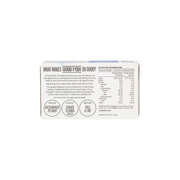 Olive Green Organics Good Fish Wild Tuna Fillets in Natural Water 120g – High Protein Ready to Eat Tuna