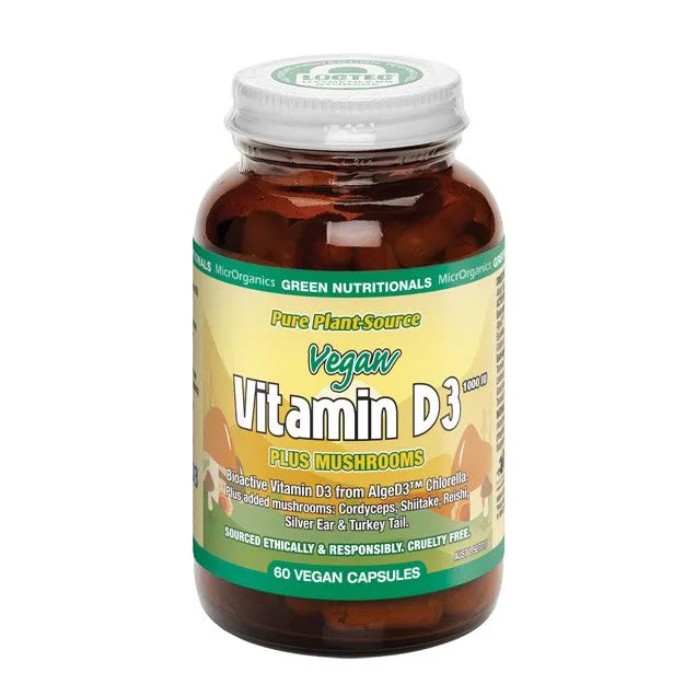 Green Nutritionals Vitamin- D3 60 Vegan Capsules from AlgeD3 Chlorella Plus added Mushrooms Silver ear & Turkey Tail