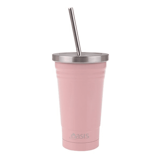 OASIS SS DOUBLE WALL INSULATED SMOOTHIE TUMBLER W STRAW 500ML - SOFT PINK - Go Vita Burwood